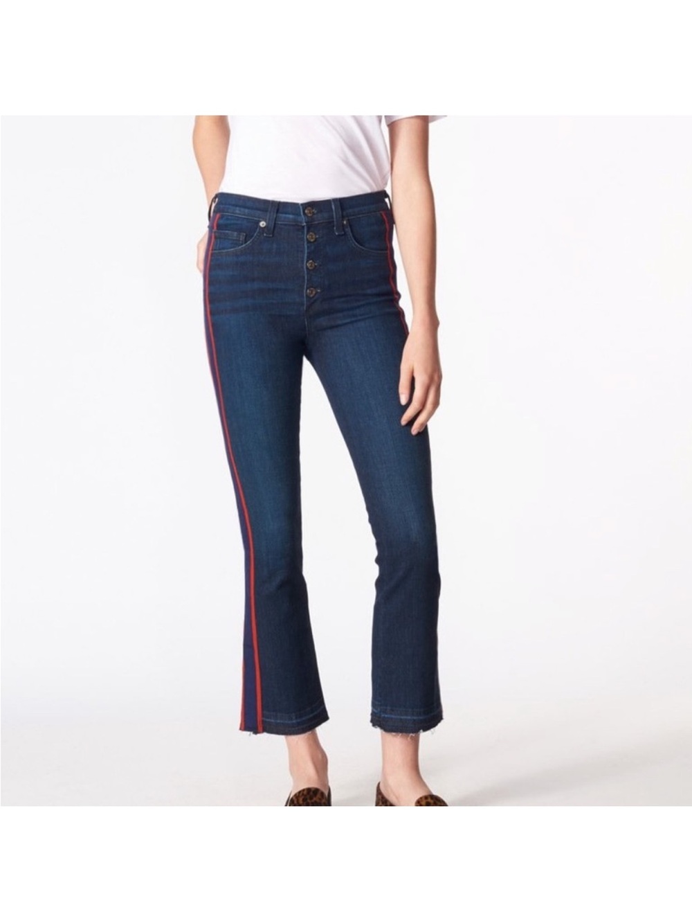 Veronica Beard Dark Blue Cropped Jeans with Red Side Stripe